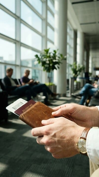 Ein Reise-Organizer mit Pass und Bordkarte griffbereit reduziert Stress beim Check-in und sorgt für einen entspannten Start in den Flug.