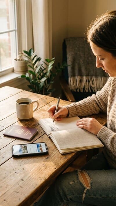 Eine ruhige Reiseplanung mit Notizbuch und Packliste auf dem Tisch. Strukturierte Vorbereitung hilft dabei, Reiseangst zu reduzieren und entspannt in den Urlaub zu starten.