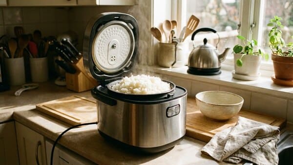 Reiskocher mit frisch gekochtem Reis