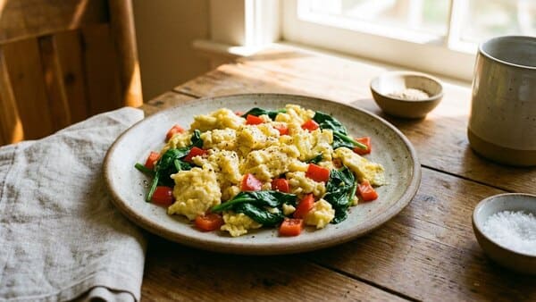 Rührei mit frischem Spinat und Paprika