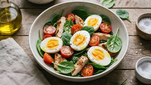 Salat mit Ei, Hähnchen und Gemüse