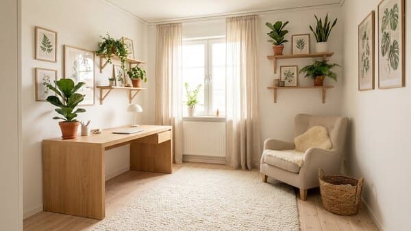 Skandinavisches Homeoffice mit Holz und hellen Farben