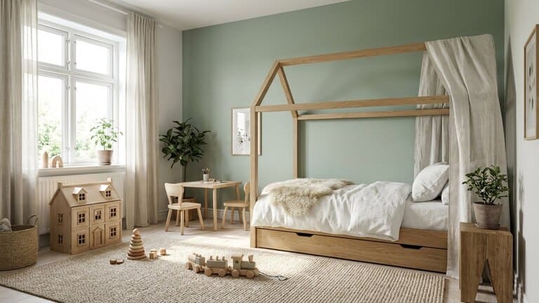 Helles Mädchenzimmer im Scandi-Style mit einem Hausbett aus Holz, salbeigrüner Wand und gemütlichem Teppich.