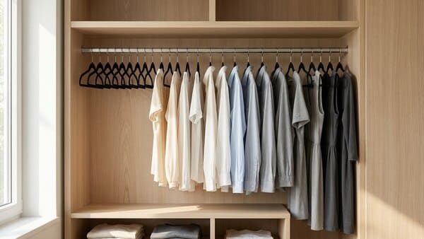 Einheitliche schmale Kleiderbügel sorgen für Ordnung im Kleiderschrank