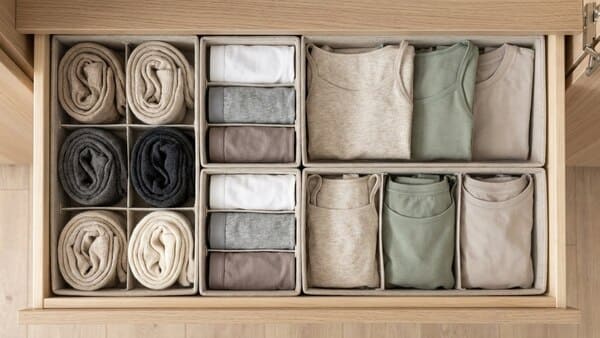 Offene Schublade mit Organizern für Socken und Unterwäsche