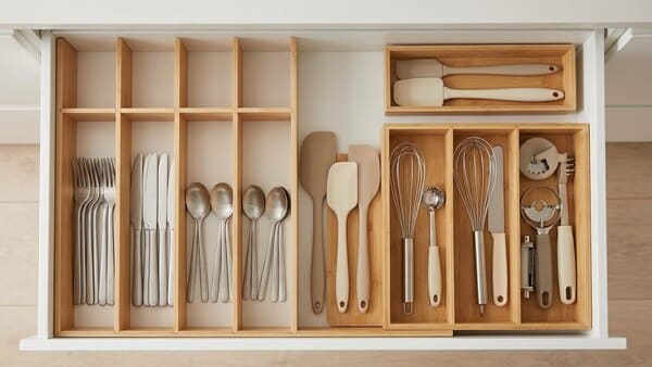 Küchen-Schublade mit Holz-Organizern und sortiertem Besteck