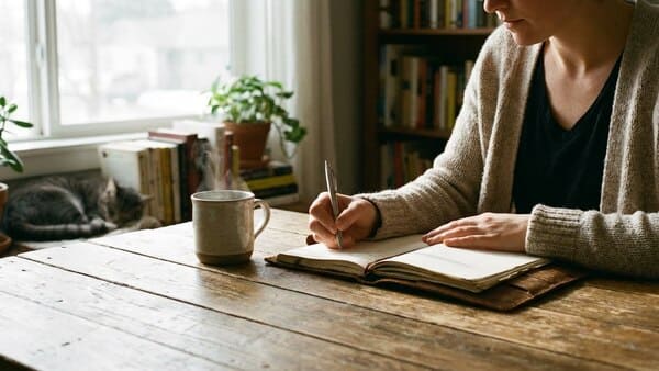 Person schreibt Gedanken in ein Notizbuch am Tisch