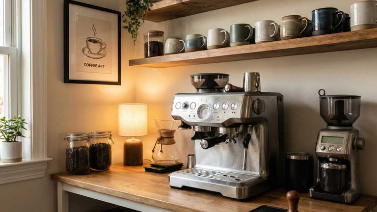 Collage zur Einrichtung einer Kaffeestation in der Küche: Von der Siebträgermaschine bis zum fertigen Kaffee.