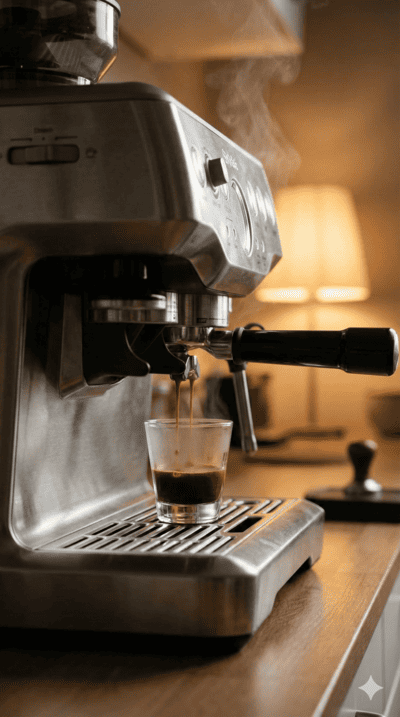 Moderne Kaffeestation in der Küche mit Siebträgermaschine, offenen Holzregalen und Kaffeebohnen in Vorratsgläsern.