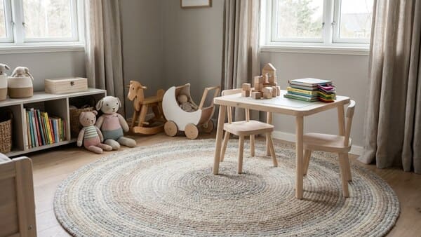 Spielbereich mit Teppich und Holzspielzeug im skandinavischen Mädchenzimmer.