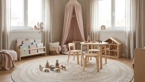 Gemütliche Kuschelecke mit Baldachin im skandinavisch minimalistischen Kinderzimmer.