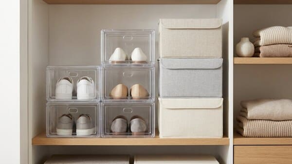 Stapelbare Aufbewahrungsboxen im Kleiderschrank für Schuhe und Kleidung