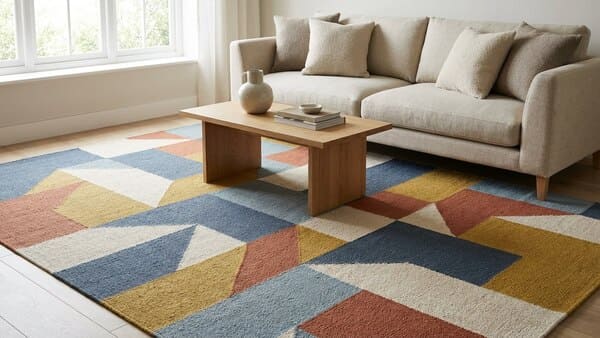 Wohnzimmer mit auffälligem Teppich in modernem Muster als Blickfang unter Couchtisch