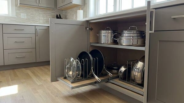 Küchen-Unterschrank mit ordentlich sortierten Töpfen