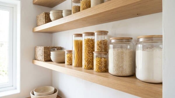 Glas-Vorratsbehälter ordentlich auf Küchenregal angeordnet