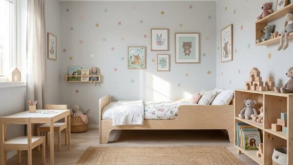 Schlichte Wandgestaltung mit Pastellakzenten im skandinavischen Kinderzimmer für Mädchen.