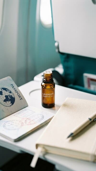 Flatlay auf einem Flugzeug-Klapptisch mit Reisepass, Notizbuch und einem kleinen Fläschchen Lavendelöl als natürliches Beruhigungsmittel gegen Flugangst.