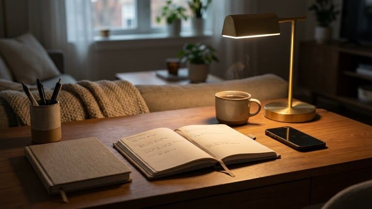 Wochenplanung ohne Stress mit offenem Wochenplaner, Tee und Stiften auf Schreibtisch