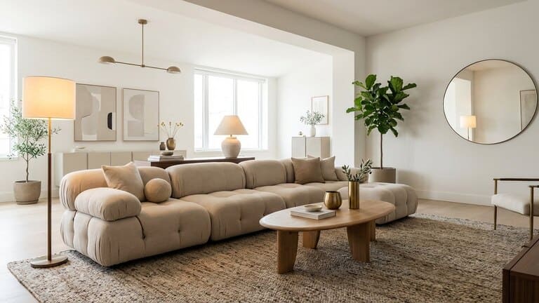 Modernes Wohnzimmer mit aktuellen Einrichtungstrends wie organischen Formen, warmen Farben und stilvollen Deko-Elementen