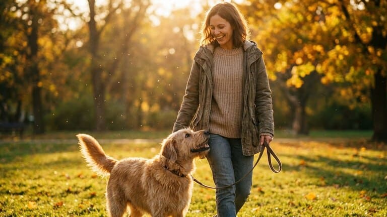 Glücklicher Hund läuft entspannt an lockerer Leine neben seinem Besitzer im sonnigen Park.