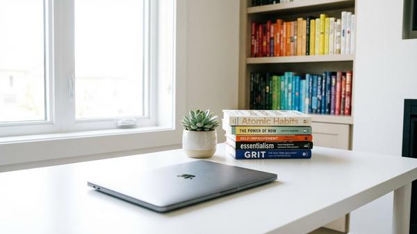 Eine gemütliche Leseecke mit einem Sessel, wo eine Frau in einem Journal schreibt, umgeben von Büchern und Kerzenlicht.