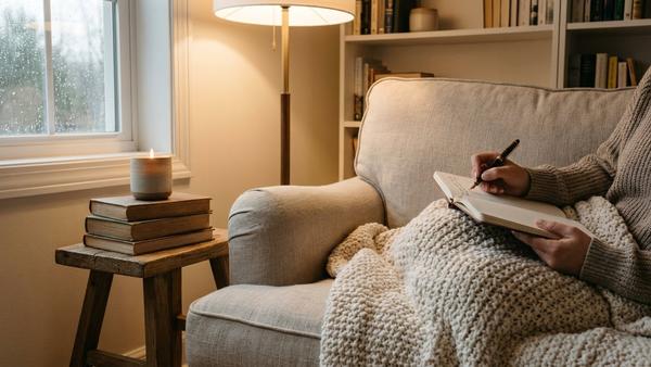 Eine gemütliche Leseecke mit einem Sessel, wo eine Frau in einem Journal schreibt, umgeben von Büchern und Kerzenlicht.