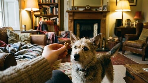 Hund nimmt im Wohnzimmer Blickkontakt zu seinem Halter auf und bekommt dafür ein Leckerli als Belohnung.