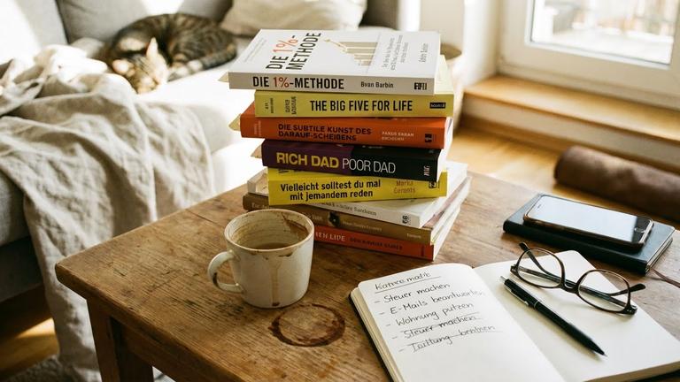 Ein von oben fotografierter, unordentlicher Holztisch mit einem hohen Stapel der im Artikel genannten Bücher, einer Tasse kaltem Kaffee, Lesebrille und einem Notizbuch, was eine gemütliche, aber reale Alltagsszene darstellt.