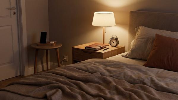 Gemütliche Abendstimmung mit warmem Licht, analogem Wecker und Handy-Ladeplatz außerhalb des Betts