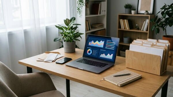 Schreibtisch mit Laptop, Handy, Briefen und Ordner zum Prüfen von Abos und Fixkosten.