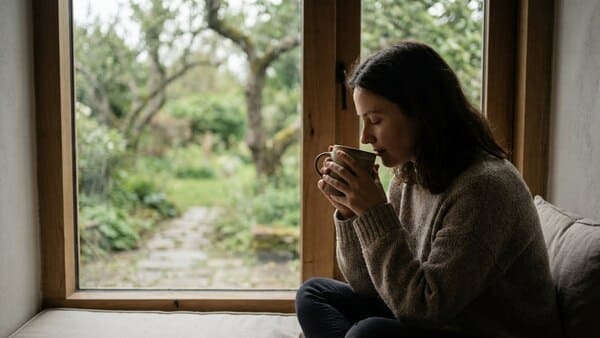 Eine Person hält eine warme Tasse mit beiden Händen, atmet den Duft ein und schaut ruhig aus einem Fenster ins Grüne.