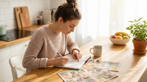 Du siehst einen Essensplan neben Prospekten, während jemand passende Angebote markiert.