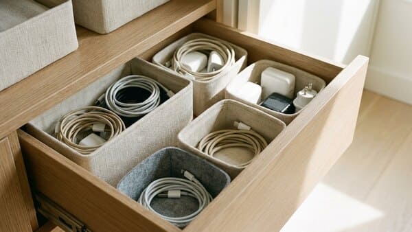 Geordnete Schublade mit klar sortierten Alltagsgegenständen