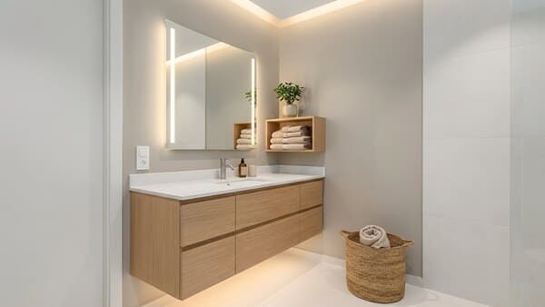 Badezimmer mit minimalistischer Basis, Naturmaterialien und cozy Details in neutralen Farben