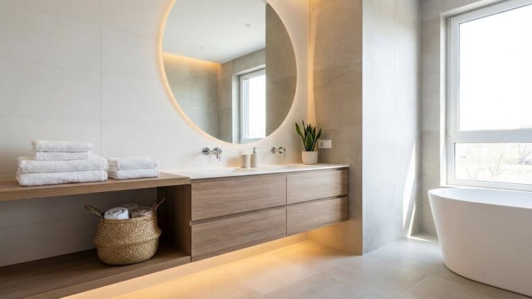 Badezimmer in neutralen Farben mit klaren Linien, natürlichem Licht und aufgeräumter Optik