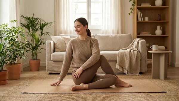 Person macht sanfte Dehnübungen auf einer Matte im Wohnzimmer für Rücken und Beweglichkeit.