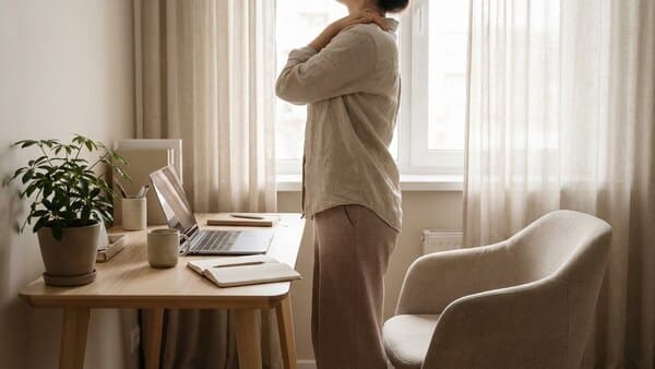 Person steht am Schreibtisch auf und macht eine kurze Bewegungspause neben Laptop und Kaffeetasse.