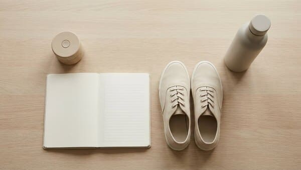 Timer, Sneaker und Notizbuch als Symbol für einfache Routinen, die Bewegung im Alltag unterstützen.