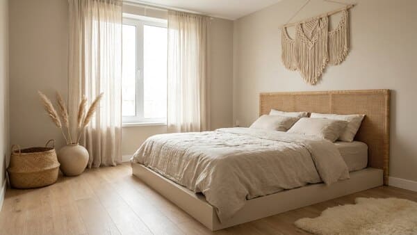 Boho Schlafzimmer in ruhigen Naturfarben mit Rattan, Leinen und wenigen großen Deko-Elementen wie Makramee.