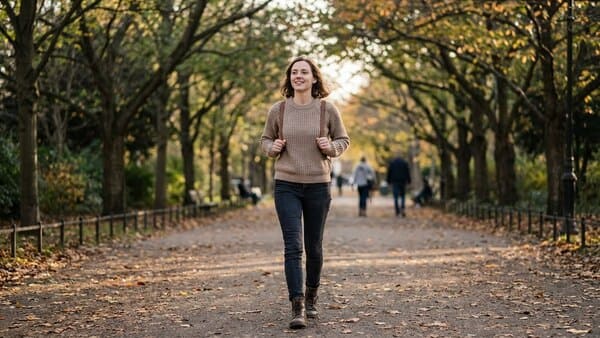 Person geht zügig spazieren auf einem Weg im Park und bringt den Kreislauf sanft in Schwung.