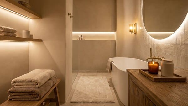 Gemütliches Badezimmer mit warmem Licht, weichen Textilien, Handtüchern und ruhigen Farben