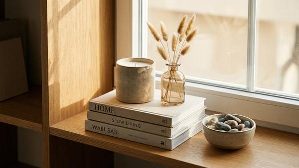 Buchstapel mit Kerze und kleiner Vase auf einem Beistelltisch in warmem Licht.