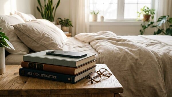 Ein Smartphone liegt umgedreht auf einem Stapel Bücher auf einem Nachttisch.