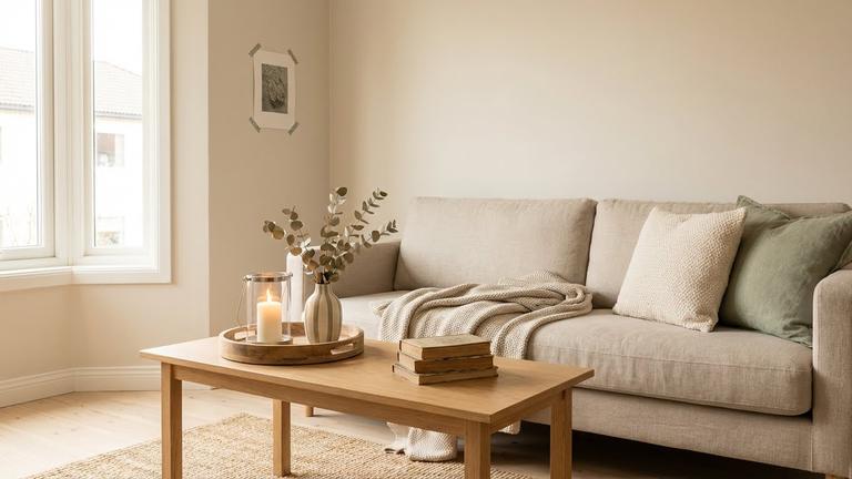 Gemütliches Wohnzimmer mit DIY-Deko auf einem Tablett, Kerze, Vase und Kissen in warmen Naturfarben.