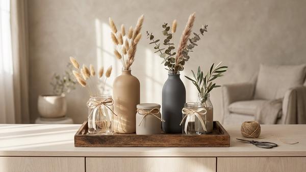 Upcycling Deko: Glasflaschen und Einmachgläser als Vasen auf einem Tablett mit Trockenblumen und Zweigen, im Querformat.