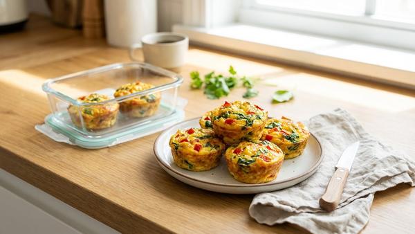 Ei-Gemüse-Muffins auf einem Teller und in einer Glasdose, ideal zum Vorbereiten für Frühstück oder Snack.