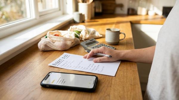 Du siehst einen Einkaufszettel mit Budget, einen Taschenrechner und eine Hand, die den Zettel prüft.