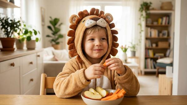 Kind im Faschingskostüm genießt gesunde Snacks ohne Zucker