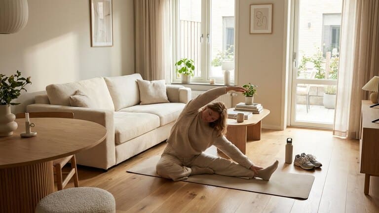 Person dehnt sich in einem hellen Wohnzimmer und integriert Bewegung entspannt in den Alltag.