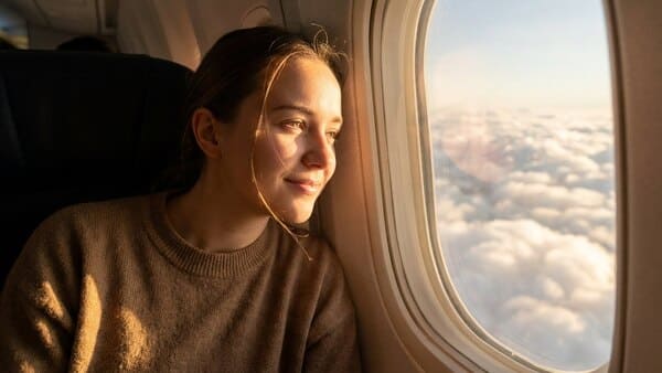 Ruhige Person blickt aus dem Flugzeugfenster in den Himmel.